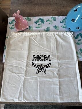 MCM White Drawstring Dust Bag with Black Logo 19.5x 20.5. A few dark spots.